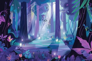 Magical forest scenes with glowing fauna and flora, illustration, Magical blue forest with glowing mushrooms and flowers.