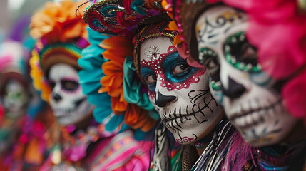 Multiple individuals in Dia de los Muertos makeup show off a variety of sugar skull designs