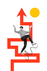 Creative vertical photo collage young dancing happy man labyrinth way arrow up increase development improvement white background
