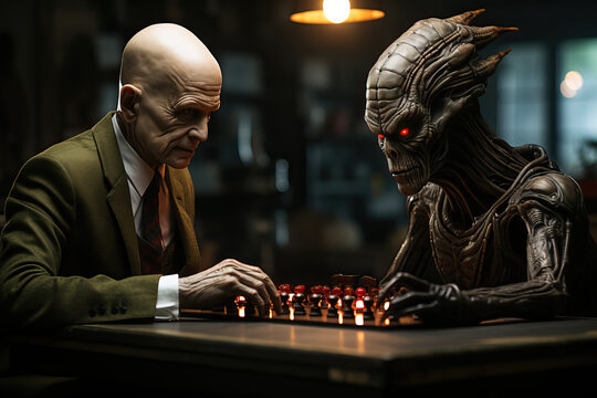 An alien is playing chess with a human