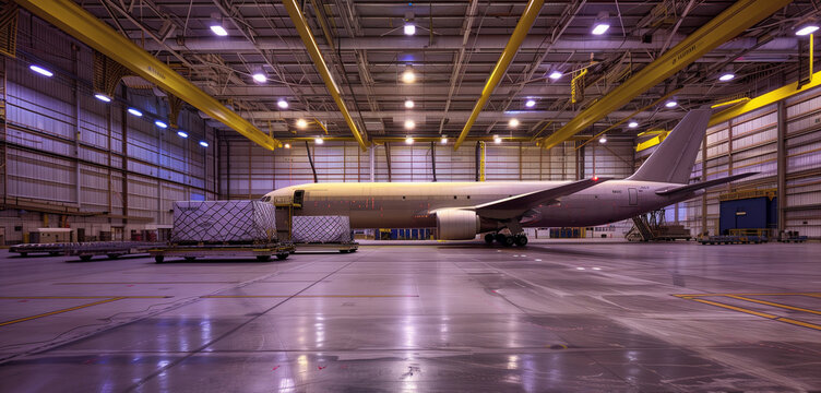 A large airplane is parked in a hangar