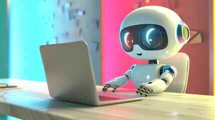 happy robot with laptop computer - obrazy, fototapety, plakaty