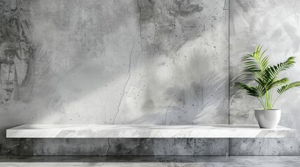 Concrete shelf table and white marble texture board on the light-dark and gray abstract cement wall background for banner copy space.