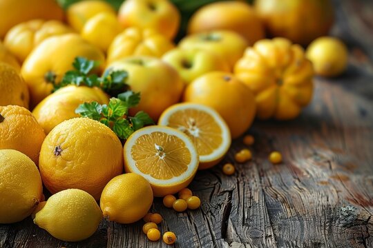Background of yellow fruits with lemons, apples and sea buckthorn, selective focus