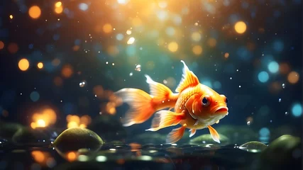 Fotobehang Bokeh background featuring a gorgeous magical goldfish in a fantasy setting. digital artwork © Ashan