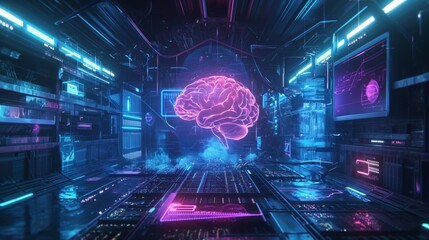 Ethereal brain floating inside a sleek, transparent computer core, intricate circuits pulsating with light beneath it, a futuristic lab filled with holographic display. 3D Illustration.