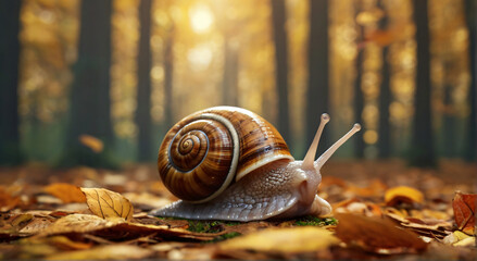 Cartoon snail in the autumn forest. Slow animal. Sun rays. - obrazy, fototapety, plakaty