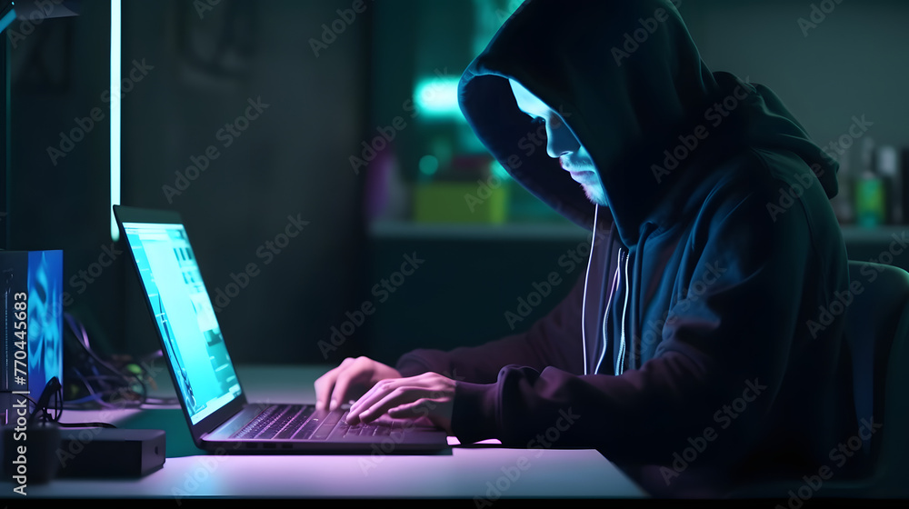 Poster hacker using google play on laptop