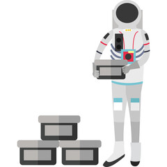 Cosmonaut in spacesuit and helmet stacking pack with cosmic fossils vector icon isolated on white © axel