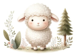 A cute Sheep clipart , woodland theme, watercolor clipart, Perfect for nursery, isolated on white background