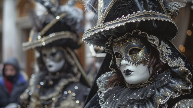 This detailed image showcases an elegant Venetian carnival costume and elaborate mask at the famous festival