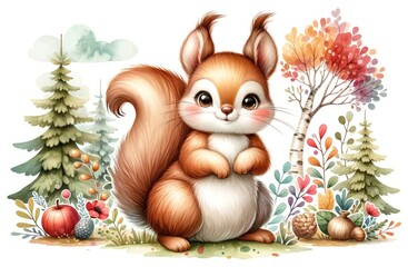 A cute Squirrel clipart , woodland theme, watercolor clipart, Perfect for nursery, isolated on white background