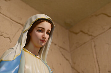 Close-up of Beautiful Statue of Our lady of grace virgin Mary located in the church, Thailand. selective focus.