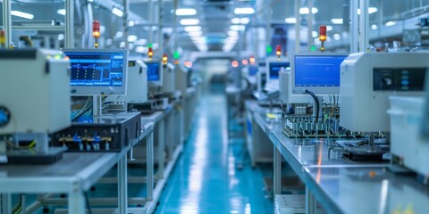 Naklejka premium A factory with many computer monitors and a lot of machinery