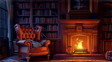 Leather armchair by the fireplace with bookshelf. Vintage old timey effects looping 4k video animation background