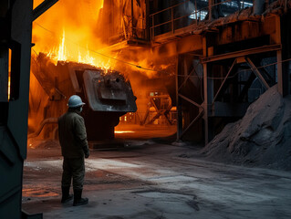 Industrial Worker Monitoring Melting Furnace at Steel Mill
