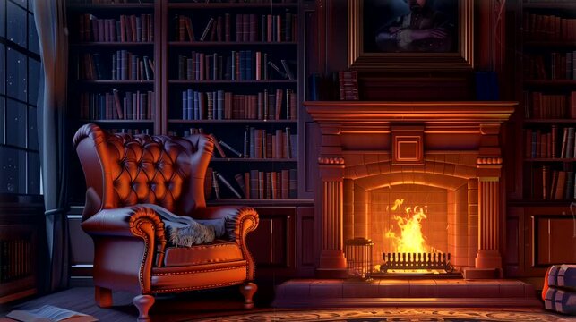 Leather armchair by the fireplace with bookshelf. Vintage old timey effects looping 4k video animation background