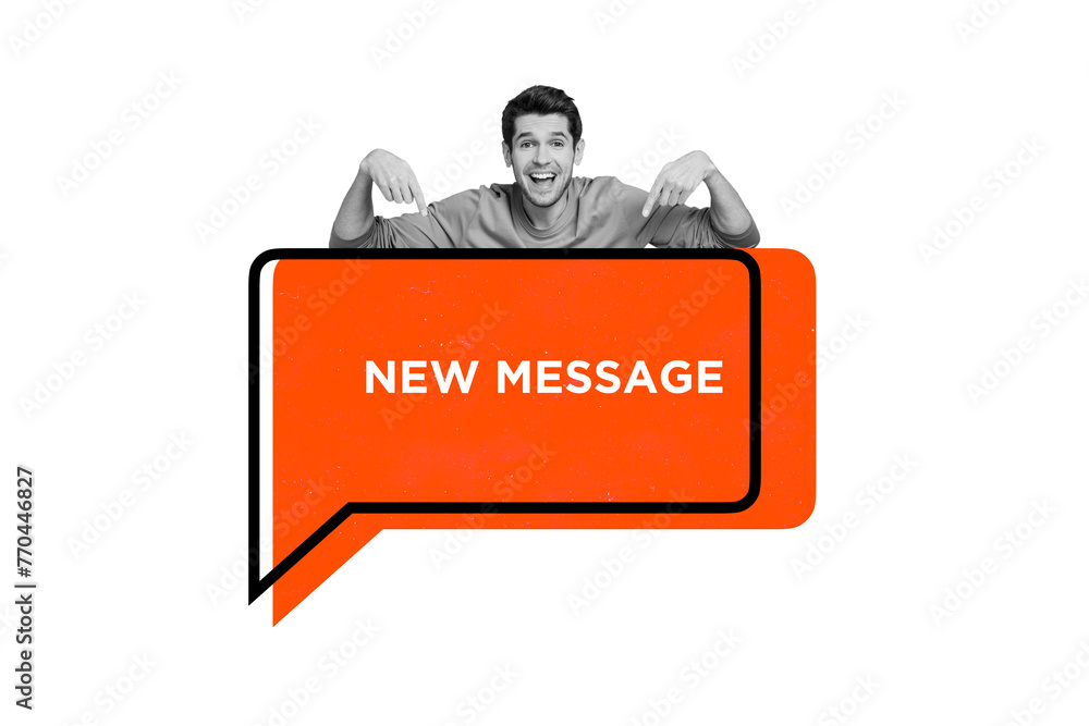Aufkleber composite photo collage of happy guy point text box inscription new message notification corresponde