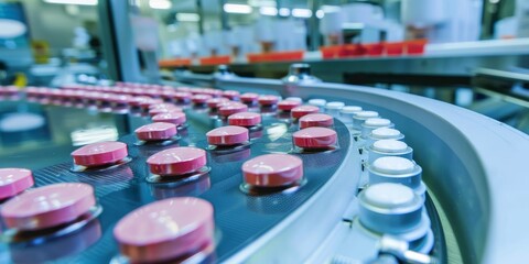 Fototapeta premium A conveyor belt is filled with red and white pills