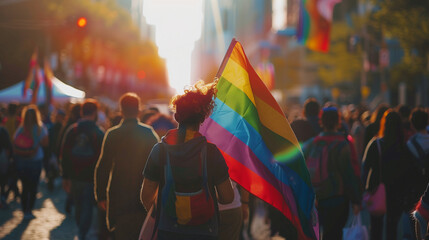 A person holding a rainbow flag in a crowd of people, focusing on a proudly raised rainbow flag, AI Generated Images - obrazy, fototapety, plakaty