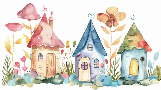 Watercolor fairy houses clip art Flat vector isolated