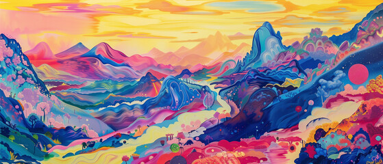 Abstract colorful nature background. Mountain range with a river running through the valley. The sky is filled with clouds of illustration psychedelic style. - obrazy, fototapety, plakaty