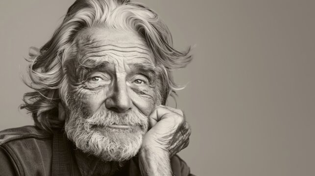 Black and white Close-up portrait of a handsome gray-bearded elderly man of 70 years on a white background. An old model with well-groomed skin, hairstyle looks at the camera.