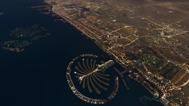 Top aerial drone shot at night of The Palm Jumeirah in Dubai. United Arab Emirates. UAE