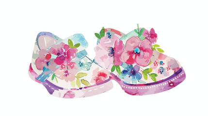 Watercolor Floral Baby Girl Shoe Flat vector isolated