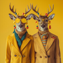 Deers in yellow - obrazy, fototapety, plakaty