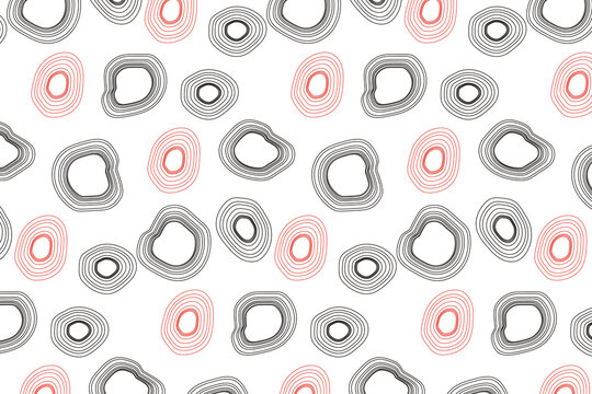 Seamless pattern. Red and black concentric circles of irregular shape on a white background. Flyer background design, advertising background, fabric, clothing, texture, textile pattern.