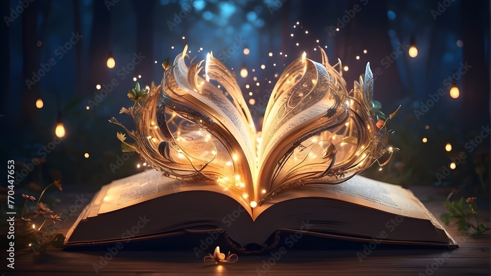 Poster a magical book that is open and has increasing lights in it.