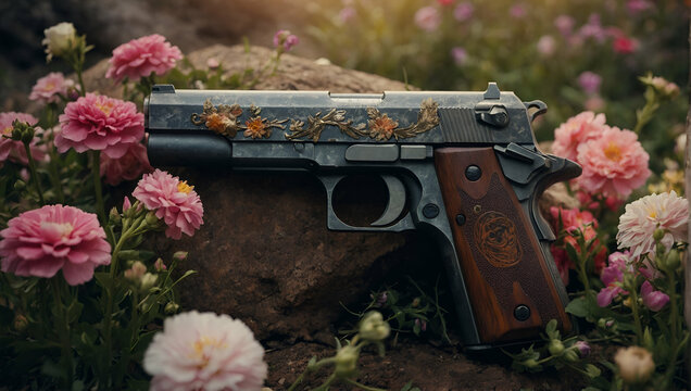 revolver, guns on flowers, retro photos, wild west