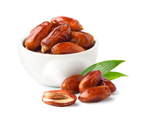 Dried dates fruits in white bowl  bowl isolated on white background.
