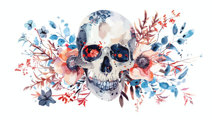 Watercolor Gothic Floral Skull Flat vector isolated o