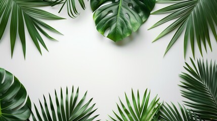 Fototapeta premium Tropical leaves border on a white background with copy space.