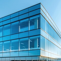 Smart glass installation in a commercial building, reflective surface, clear sky