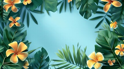 Tropical leaves border on a blue background with copy space. - obrazy, fototapety, plakaty