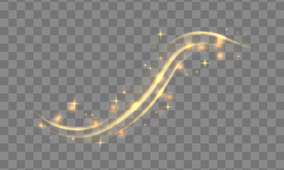 Dynamic golden waves with small parts. Golden line with light effect. Dust of yellow sparks and stars shine with a special light. Yellow dust. Bokeh effect. Vector illustration