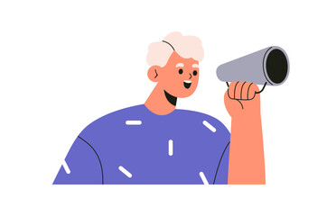 Person announcing with loudspeaker in hand. Happy man speaker, shouting, speaking loud with megaphone, bullhorn for marketing announcement. Flat vector illustration isolated on white background