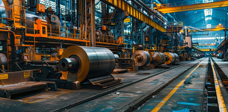 A factory with a large machine that is rolling out metal