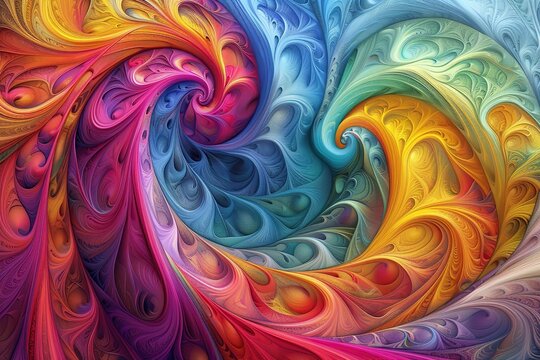Fractal Pattern. Smooth texture of repeating geometric elements, swirl, zigzag. Complex nautilus shell spirals. Vivid multicolor. Geometric volume patterns. Modern graphics abstract background. Design