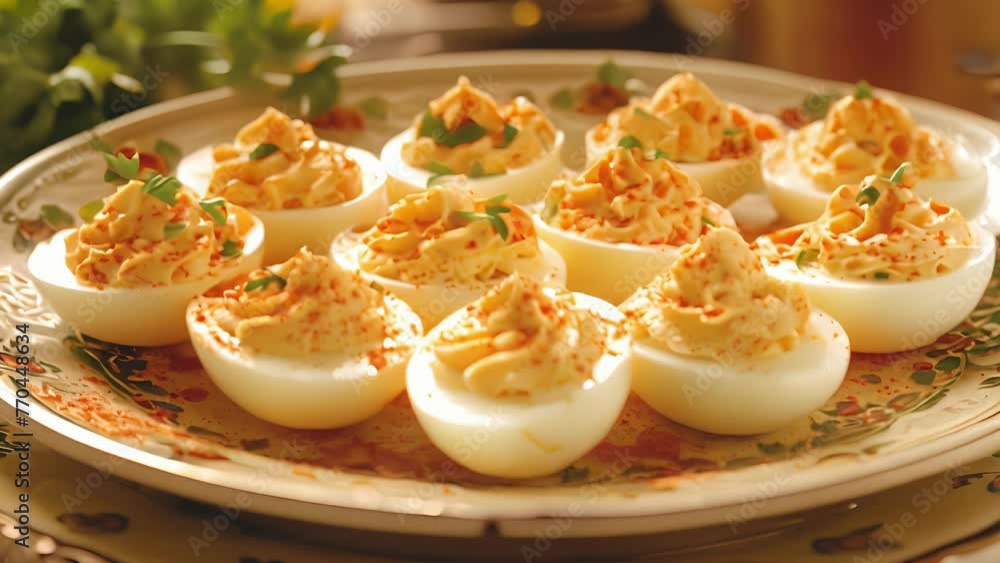 Poster a quintessential picnic staple deviled eggs displayed on a platter garnished with paprika and parsle