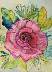 Vibrant rose with leaves, doodled watercolor. The dabbing technique near the edges gives a soft focus effect due to the altered surface roughness of the paper.