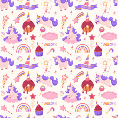 Fairytale pink unicorns with cute objects on light background seamless pattern