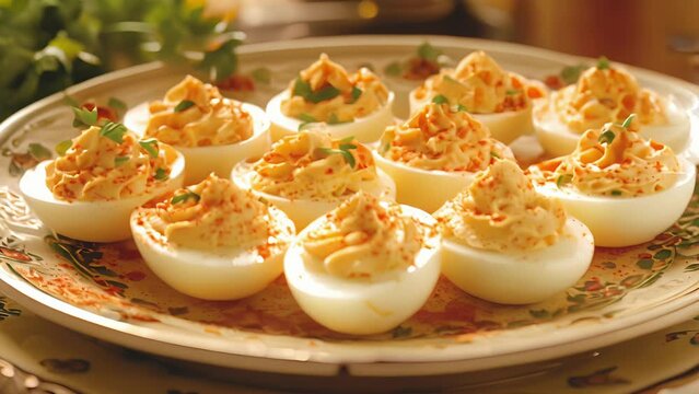 A quintessential picnic staple deviled eggs displayed on a platter garnished with paprika and parsley.