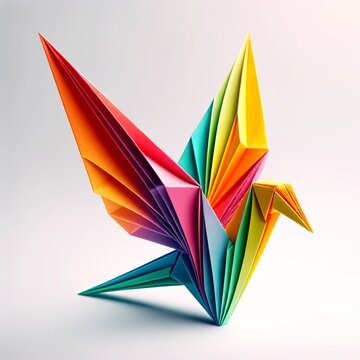 An origami bird made from colorful paper, displayed in the center of a white background. The bird is crafted with precise folds