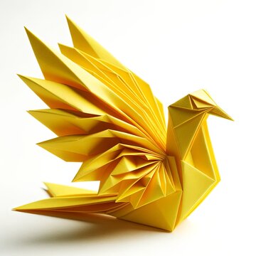 An elegantly crafted origami bird from yellow paper, placed centrally on a white background. The bird's design is intricate, with folds that mimic