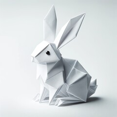  An origami rabbit crafted from soft white paper, sitting upright on a white background