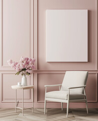 A large white blank poster frame is hanging on the wall of an empty room with light pink walls and white floor. 